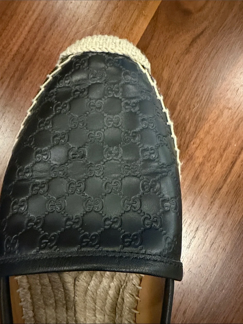 Gucci Black Embossed Leather Espadrille Slip-Ons 37.5